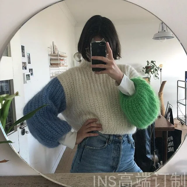 

Autumn High necked new women's pullover fluffy jacket lazy and loose hand woven knitted sweater tops Sweaters lujo mujer