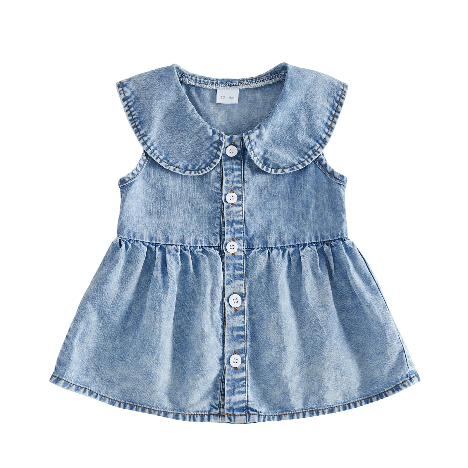 Little Girl Denim Babydoll Tops Casual Sleeveless Doll Collar Button-up Ruffled Hem Jean Blouse for Summer