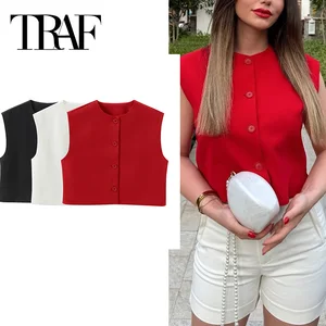 Traf -Sleeveless Damen -Kumpelweste, kurze Gelegenheitsjacken, Knopfweste, Schwarz -Weiß -Rot, Sommermode 10 Hauptverkaufsweste weiß weiß - №7