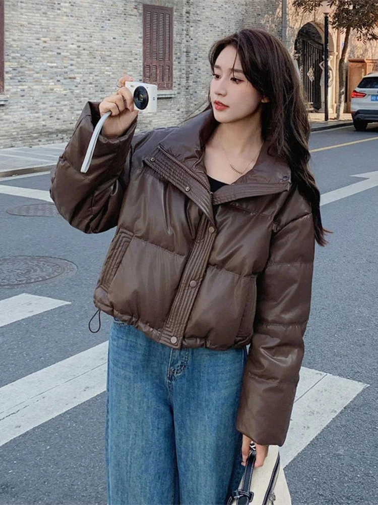 

Зимнее женское пальто в корейском стиле, вдохновленное Кендалл Дженнер, утепленное, из искусственной кожи, с высоким воротником, на хлопковом наполнителе