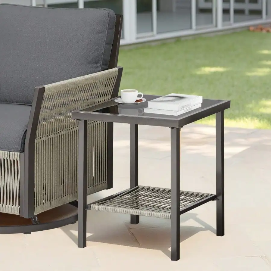 Outdoor Wicker Side Table 22x18x18 Inch All Weather Rattan Small Patio Table Square End Table For Pool Balcony Deck Porch Lawn B