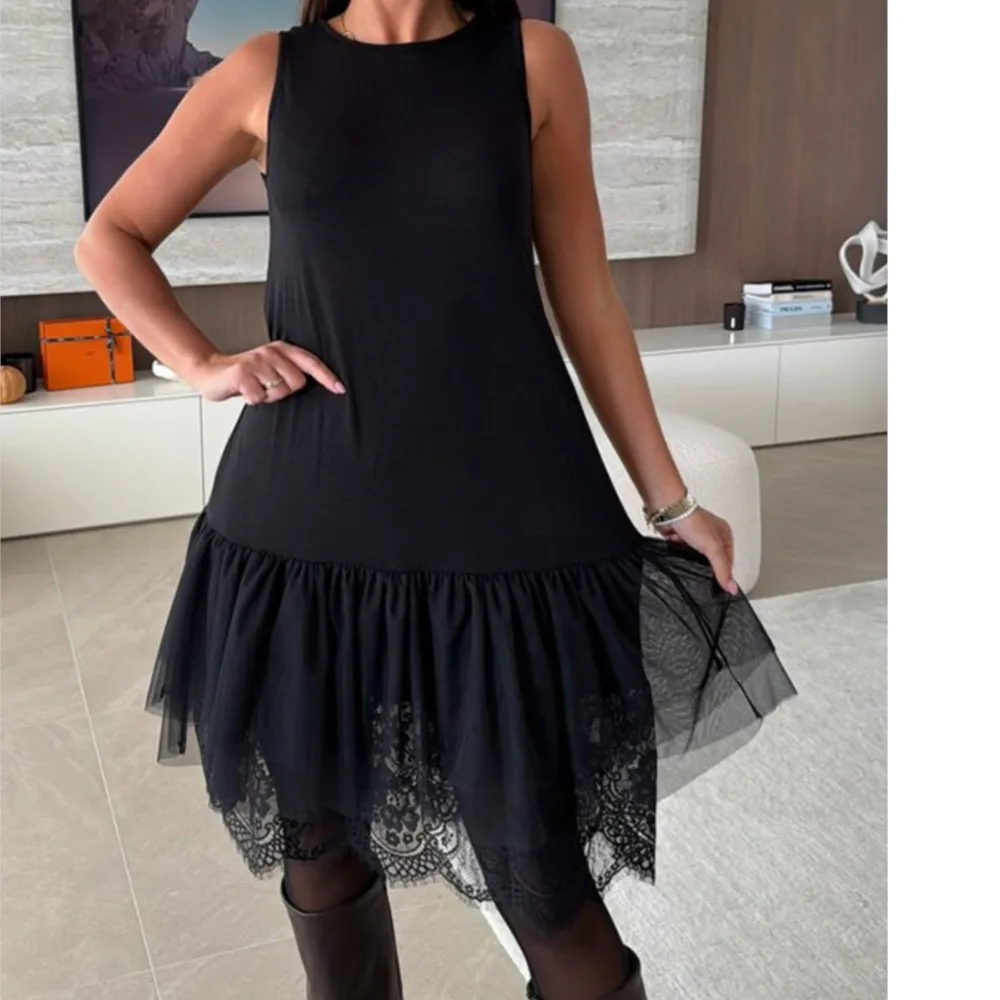 

Lace Mesh Splicing Dress Summer New Women's Fashion Solid Color Casual Sleeveless Round Neck Loose Dress Платье Женское Vestidos