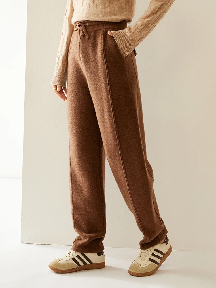 Pantaloni da donna in cashmere 100% di alta qualità Pantaloni a banana di classe Pantaloni a vita alta Pantaloni sportivi larghi Pantaloni a matita in cashmere da donna