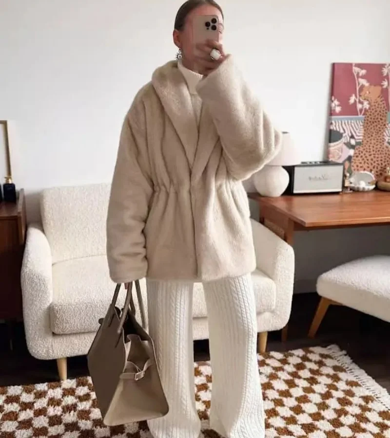 High-Quality Faux Mink Fur Coat for Autumn Winter Slim Fit with Waist Cinching Green Fruit Collar Warm And Stylish