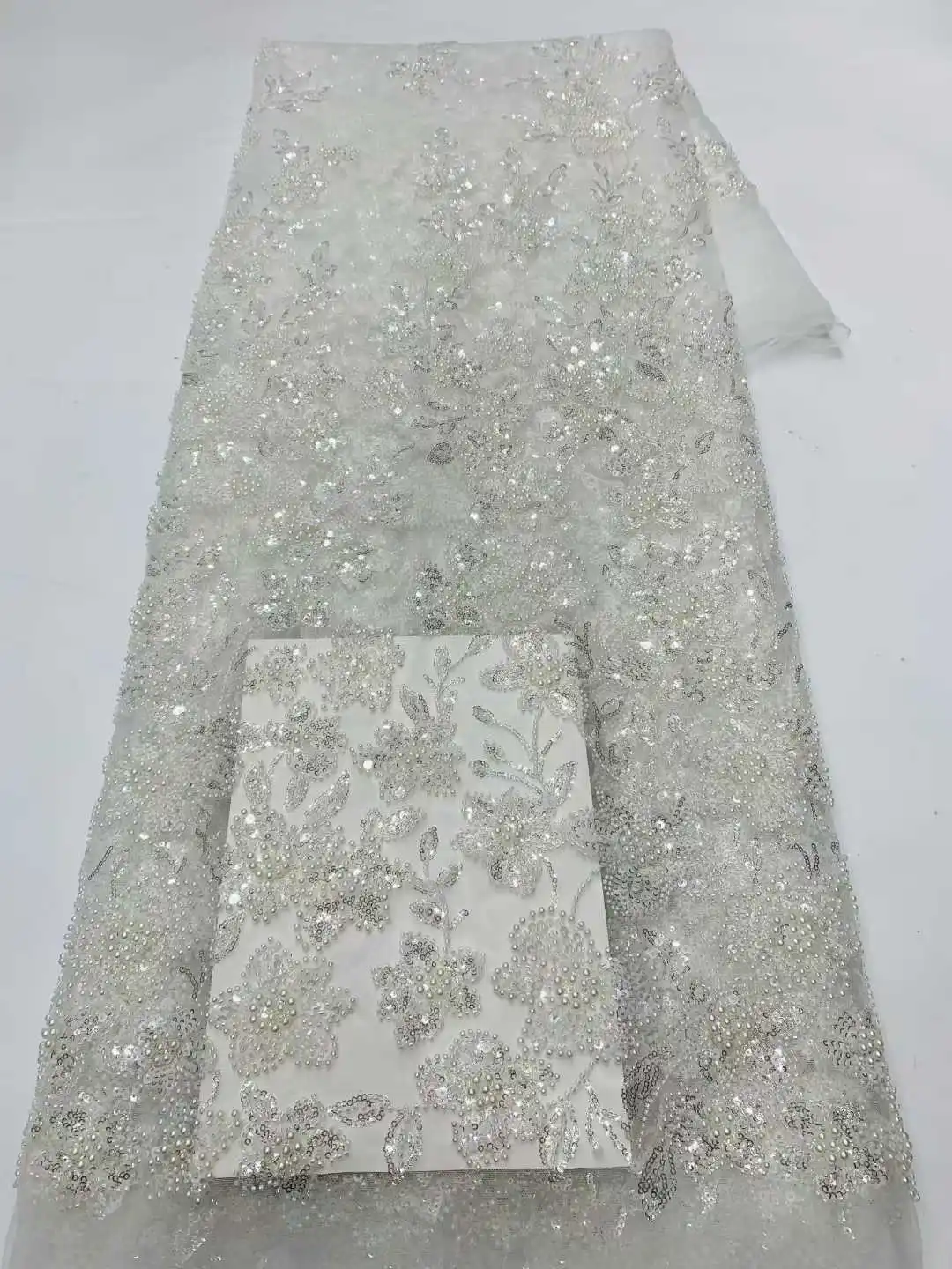 Kain Brokat Mewah Nigeria Peach 3D Berhias Mutiara Berkilau untuk Pesta, Kain Afrika Berhias Mutiara 2025, Gaun Pengantin Tulle Prancis Afrika Berkualitas Tinggi