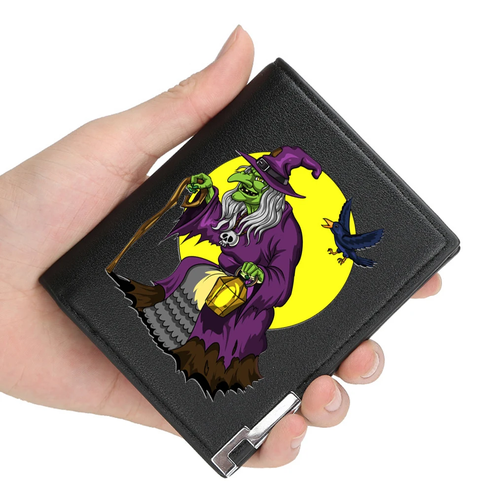 New arrivals Halloween scary witch crow Mission Printing Pu Leather Wallet Men Women Billfold Credit Card Holders Short Purses