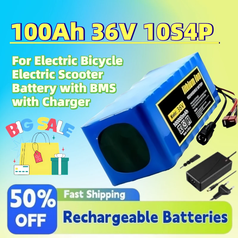 For Electric Bicycle Electric Scooter Battery with BMS with Charger New 100Ah 36V 10S4P 18650 Rechargeable Li-ion Battery Pack
