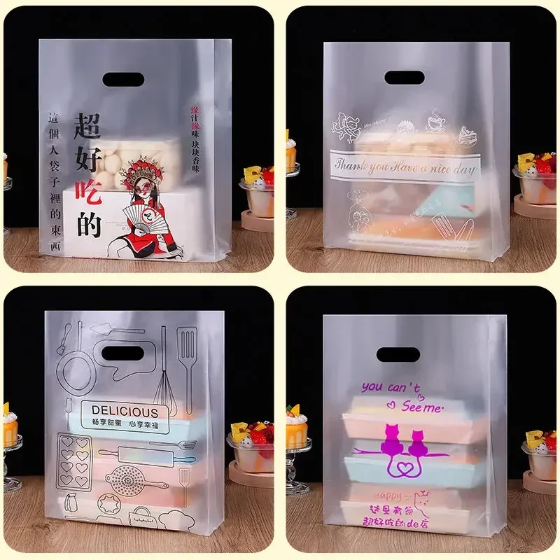 Bolso de plástico de boca plana para pan, patrón de dibujos animados, pastel, tostada, bolsillo de entrega, postre, ensalada, fruta, bolsa transparente gruesa y amplia