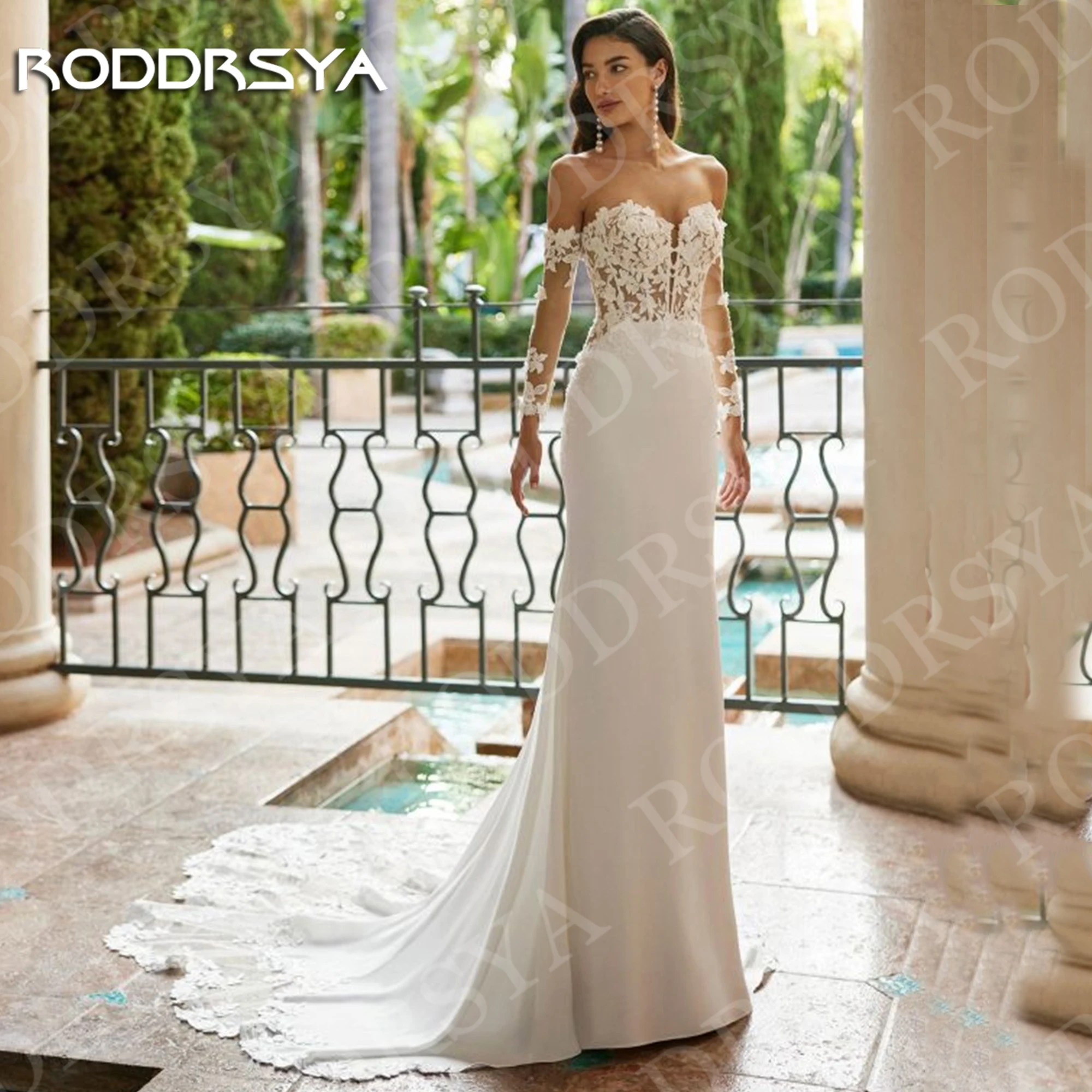 RODDRSYA Boho แขนยาวชุดเดรสเมอร์เมดงาช้างเซ็กซี่ภาพลวงตา Appliques Sweetheart ชุดเจ้าสาวปิดไหล่ที่กําหนดเอง