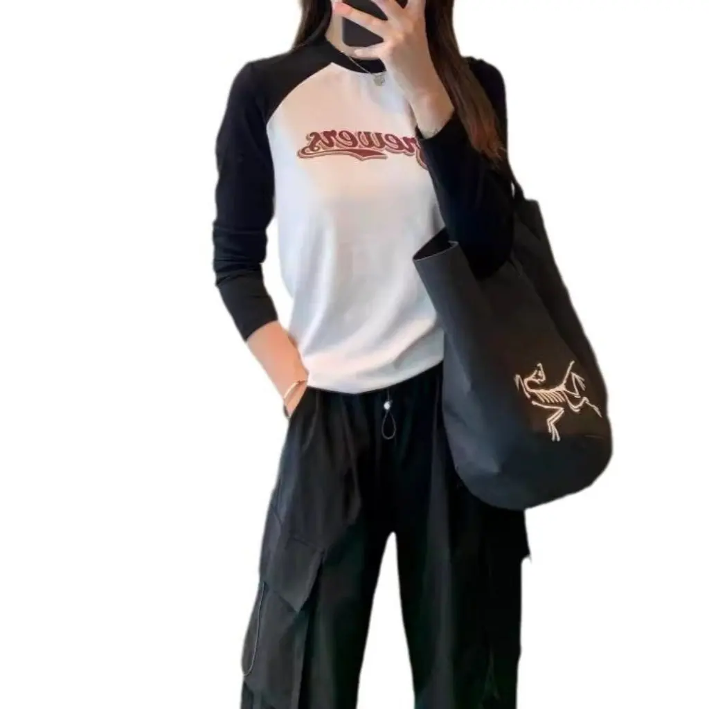 

Women's American Style Casual Long-Sleeve T-shirt Contrast Color Letter Raglan Sleeve Fashionable Base Shirt for Autumn Winter