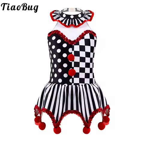 Girls Circus Clown Costume Halloween Cosplay Joker Clothes Black And White Grid Pompoms Adorned Tutu Fancy Leotard Dress