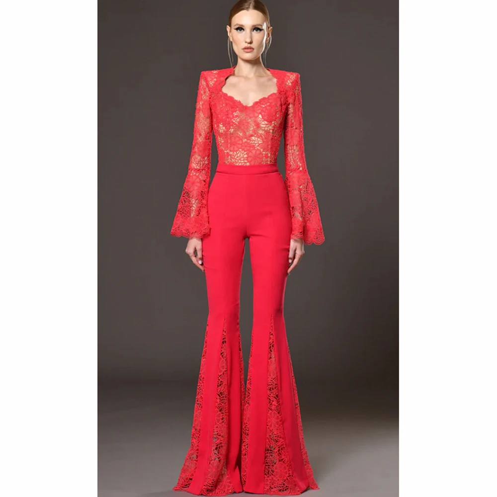 Elegant Women's Red Lace Top Bell Sleeve Flare Pants Jumpsuit Heart Neckline Perfect for Party Fashionable Stylish Outfit