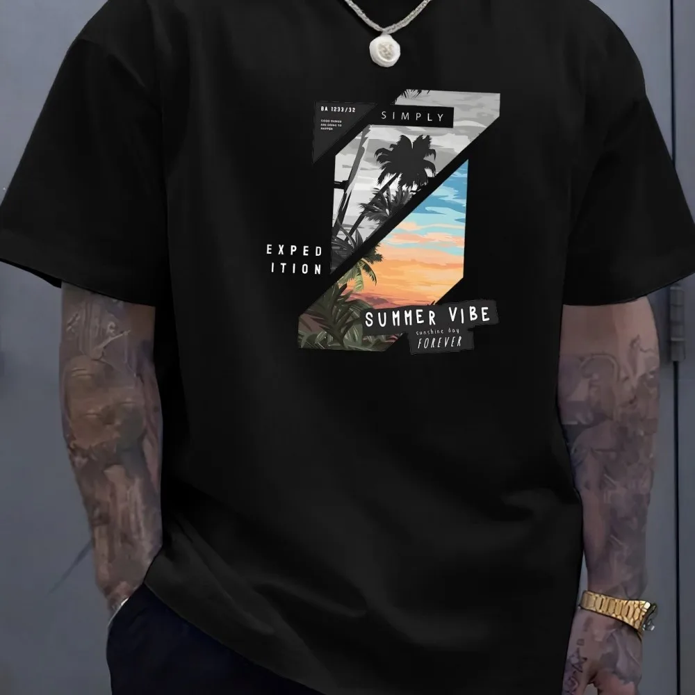 Summer men's new landscape printed comfortable and breathable round neck T-shirt outdoor casual sports top