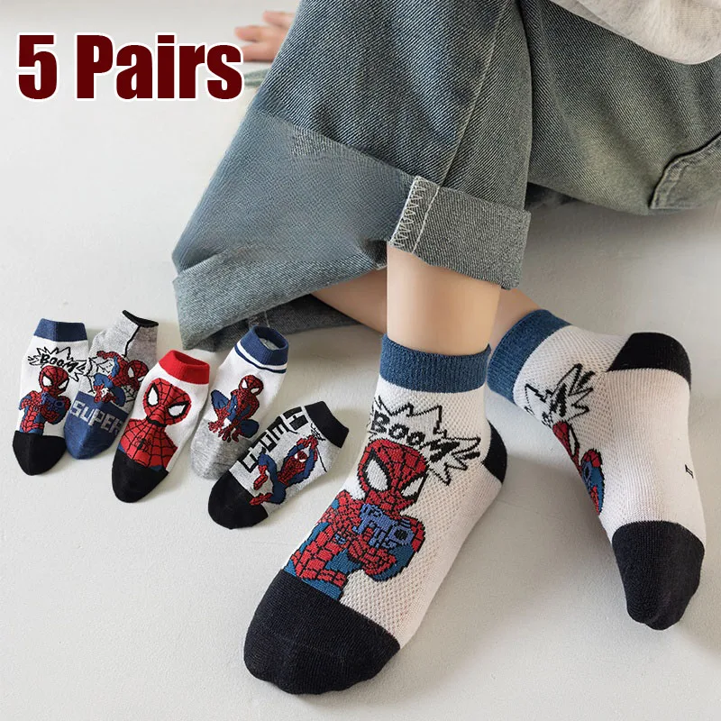 

5 пар детских носков MARVEL Spiderman из дышащей сетчатой хлопковой ткани, мягкие аниме-носки для мальчиков, средней длины, с мультяшными персонажами, для детей 1-12 лет