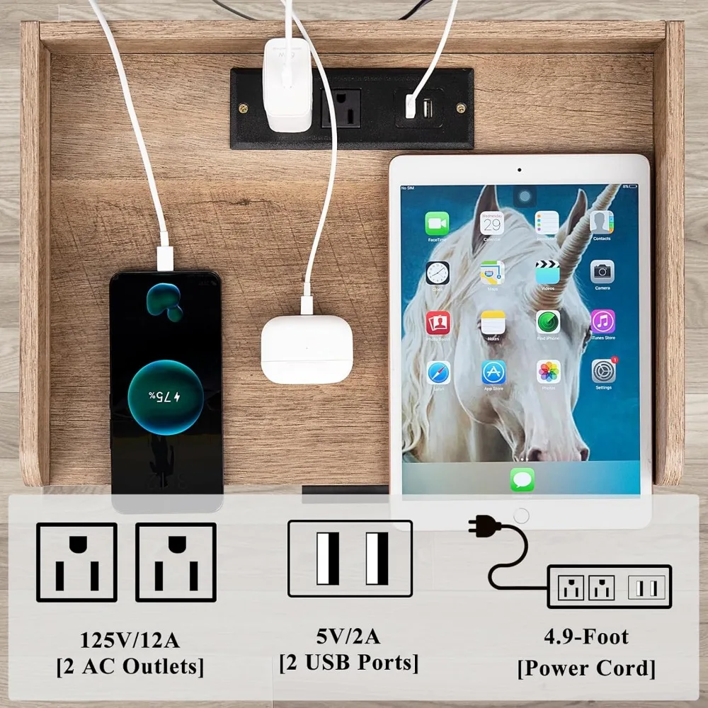 Nightstand with Charging Station and USB Ports, 3-Tier End Side Table with Storage Drawer and Shelf, Modern Bedside Nigh