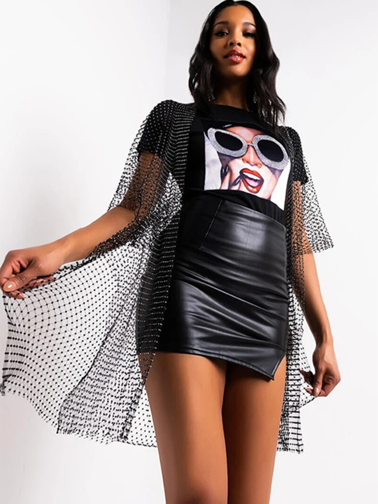 Women Mesh Diamonds Bikini Cover Up Sexy Hollow Out See Through Fishnet Rhinestone T-Shirt Coat Beach Party Shawl Cardigans