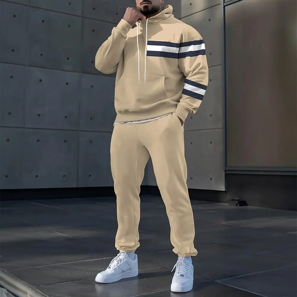 심플한 스트라이프 프린트 남성 후드 세트 가을 겨울 캐주얼 스웨트셔츠 바지 투피스 패션 고품질 체육관 스포츠 의류