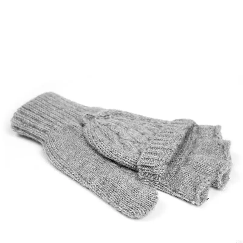 77HE Winter Men's Jacquard Fingerless Flap Wool Knit Gloves Sports Fitness Elastic for Touch screen Thicken Black Gray Coffee