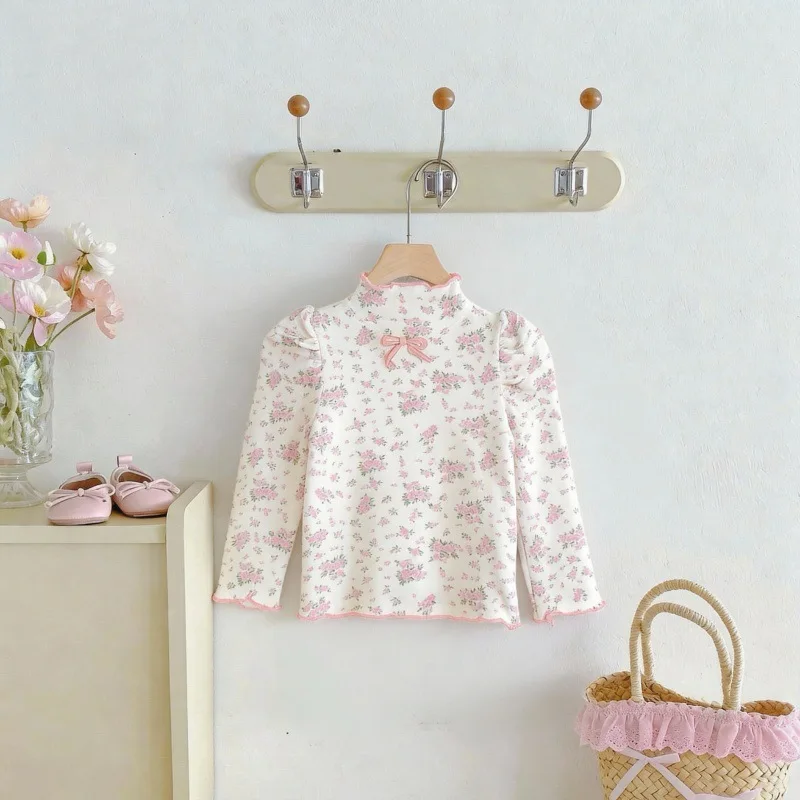 Girls Long Sleeved T-shirt Mushroom Edge Bow and Long Sleeved Top Spring and Autumn New Versatile Base Shirt for Baby Girls
