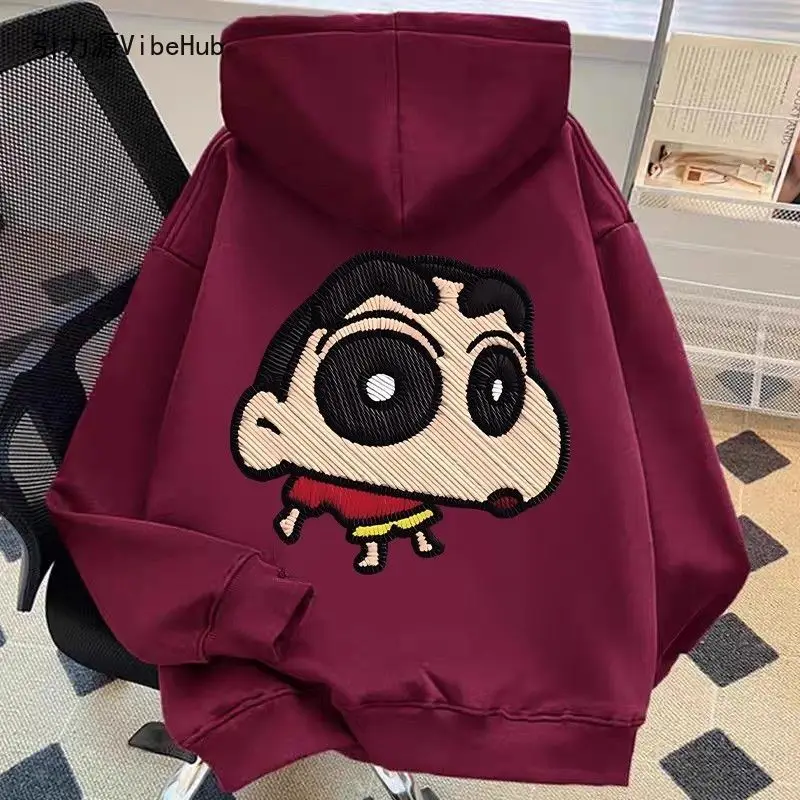 Cute Anime Crayon Shin-Chan Back Embroidery Hoodie Winter Warm Fleece Lined Oversized Hooded Pullover Couple Matching Sweatshirt view 2