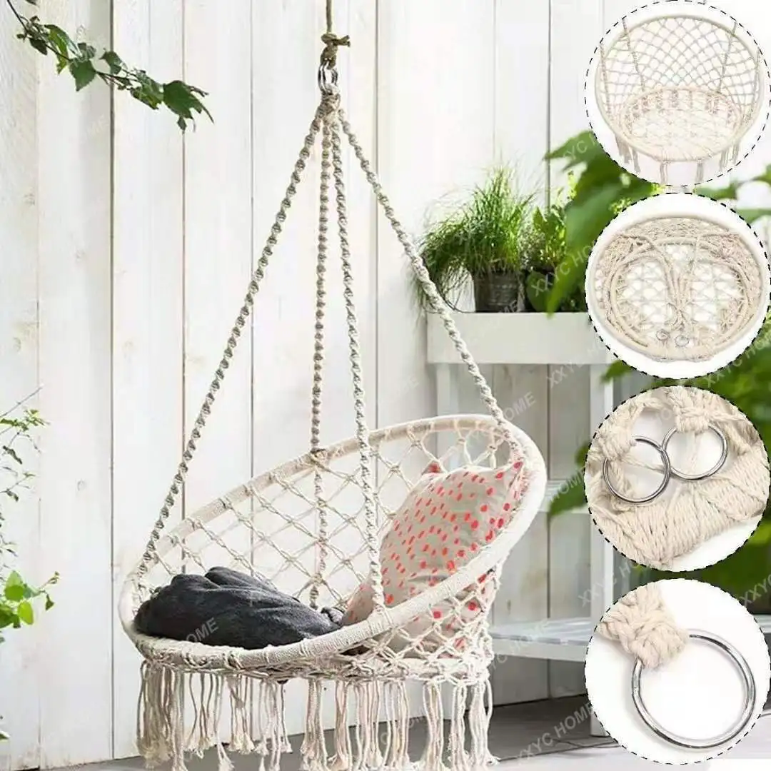 

Nordic Style Round Hammock Swing Chair Safety Hanging Hammock Rope Hanging Garden Seat Beige Knitting Rope Swing Balcony Chair