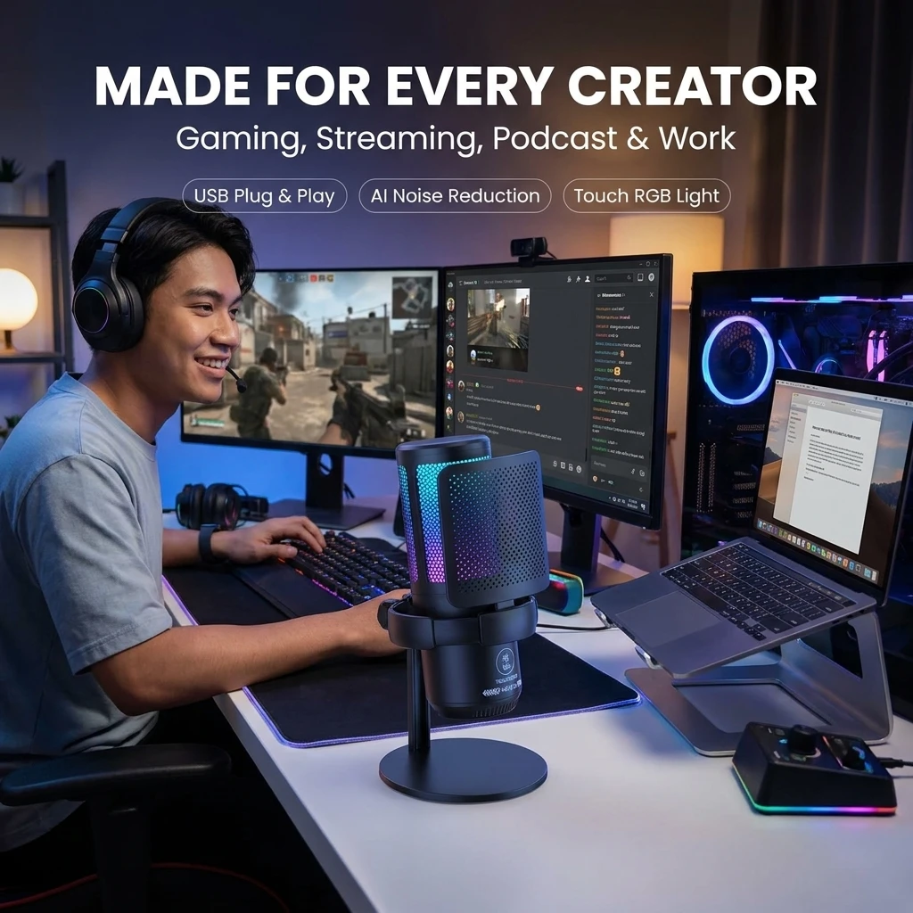 USB Microphone for PC Condenser Podcast Mic for Studio Recording with Headphone Jack, Led, Noise Cancellation Gaming Microphone