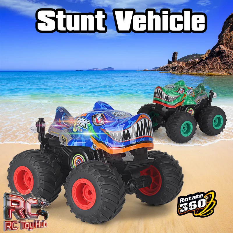 

Generic Remote Control Shark Stunt Truck Off Road Vehicle With Music Light 360 Degree Upright Rotation Big Foot Kids Toy Car
