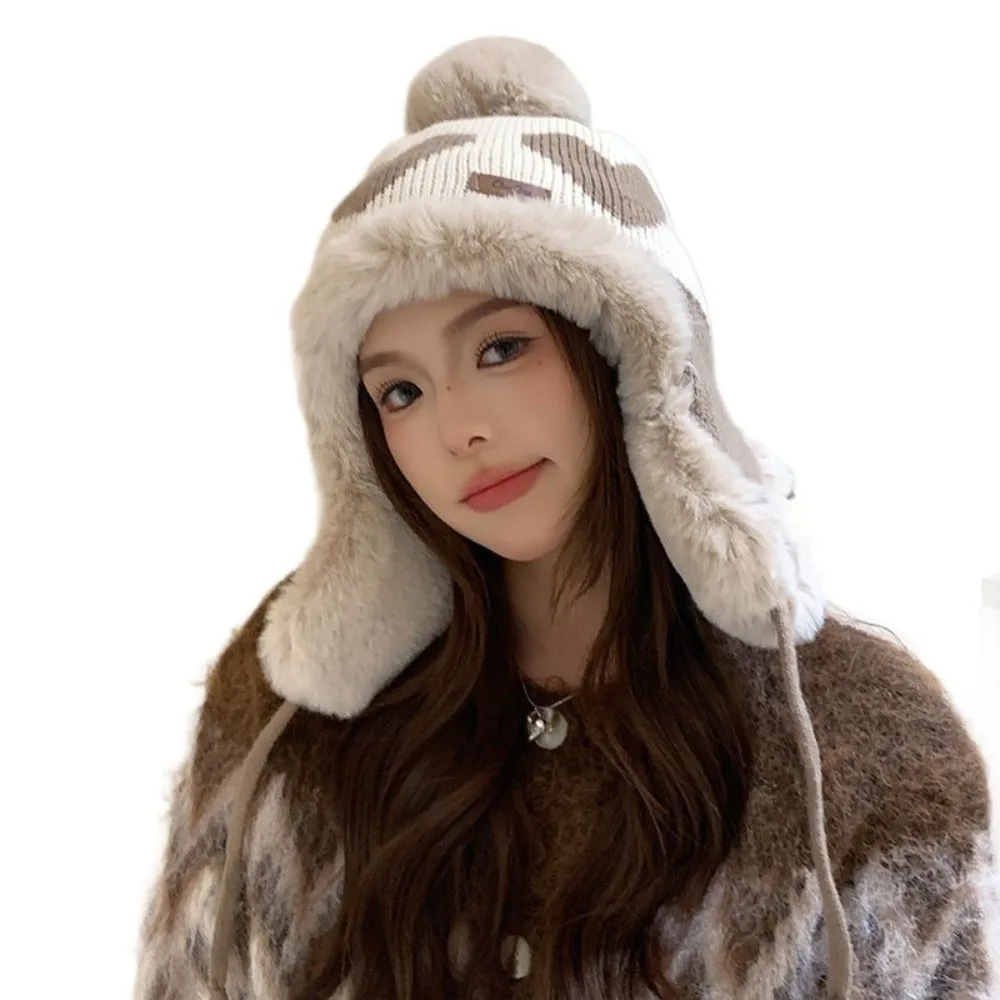 Polyester Heart Pattern Ear Flap Hat Cold Proof Pom Pom Trapper Hat Ear Protection 55cm To 60cm Head Circumference