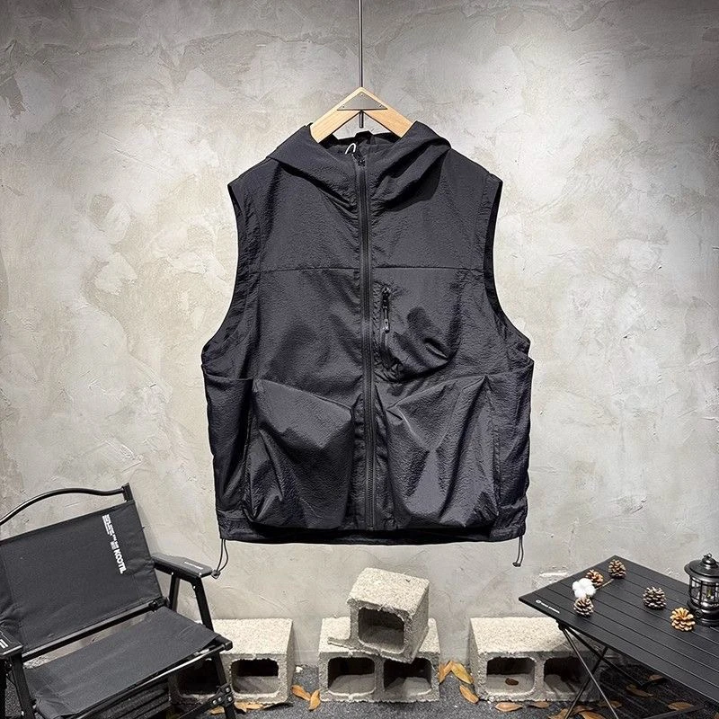Summer Outdoor Men's Loose Fit Thin Hooded Vest Fashionable Casual Pure Color Shoulder Pad Jacket Trendy Workwear Multi-Pocket