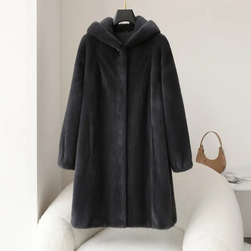 Natural Mink Fur Winter Jacket for Women, Long Warm Coat With Hood, Real Female Mink Fur Clothing, Thick, Slim, Fashion