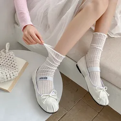 Calcetines bonitos con volantes Lolita Kawaii para mujer, calcetines largos sueltos transpirables de malla fina de verano, calcetines blancos y negros de Color sólido estilo Ballet