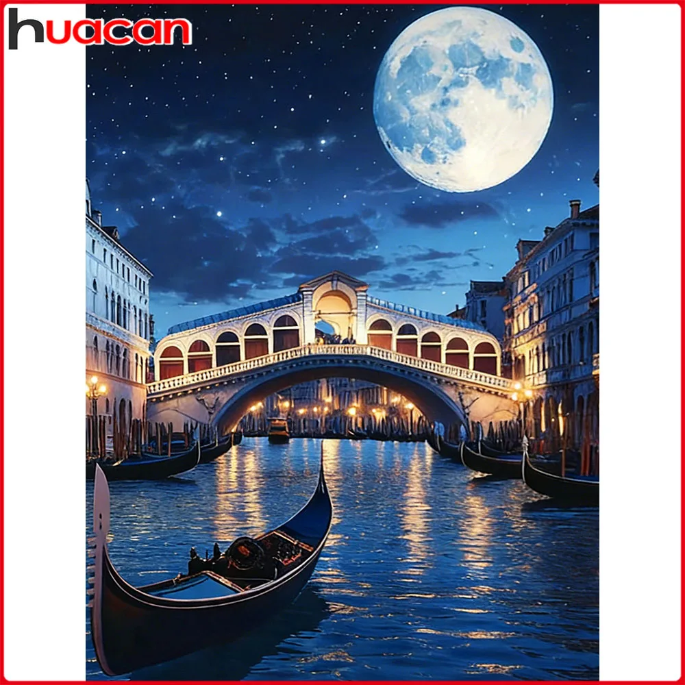 Huacan Komplettes DIY-Diamantmalerei-Set: Mondstadt am Fluss, Diamant-Stickerei-Landschaft, Bild mit Strasssteinen