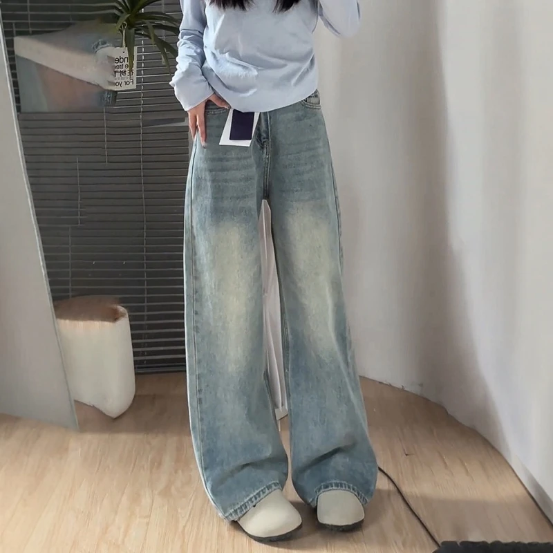 Retro Faded Light High Waist Wide Leg Jeans Women Summer Casual Loose Slim Straight Floor-Length Pants Cleanfit Style