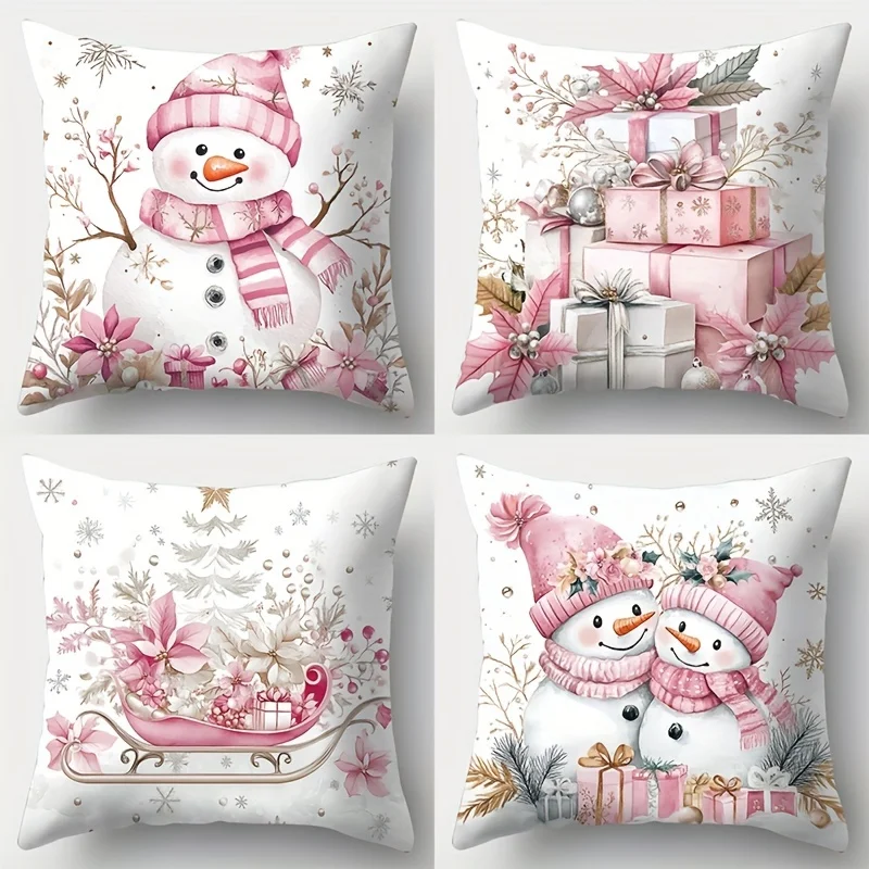 4-Pack Christmas Pillow Covers, Snowman Tree Sled Gift Print, Contemporary Polyester Zippered for Living Room Sofa Decor