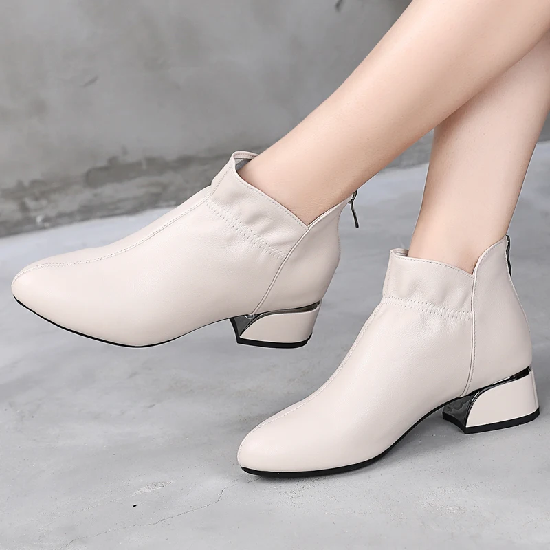 GKTINOO Fashion Genuine Leather Ankle Boots Women Thick Heels Zipper Pointed Toe Autumn Winter Woman Shoes Soft Sole Short Boots