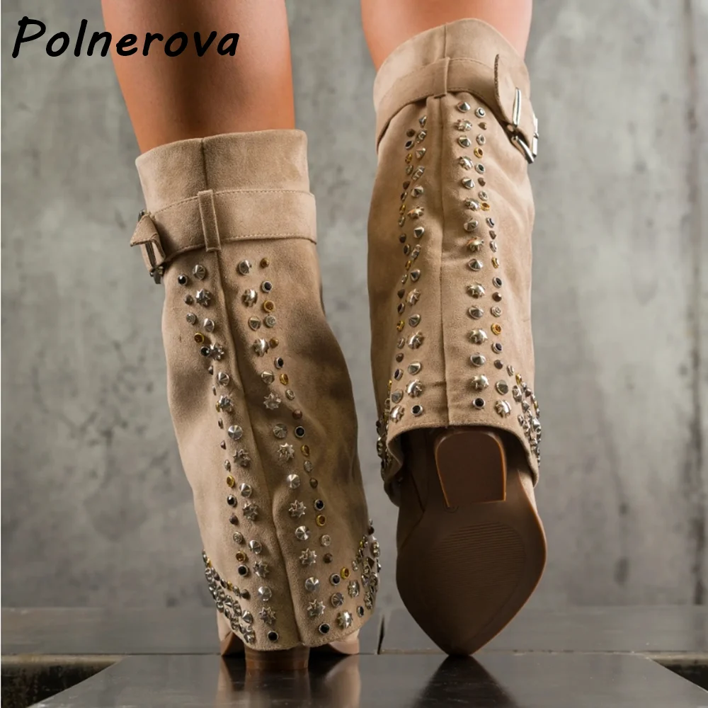 Rivet Solid Belt Solid Boots Turn Over Edges Slip On Sexy Chunky Heels Slip On Fashion Shoes Winter Women's Chic Design Boots