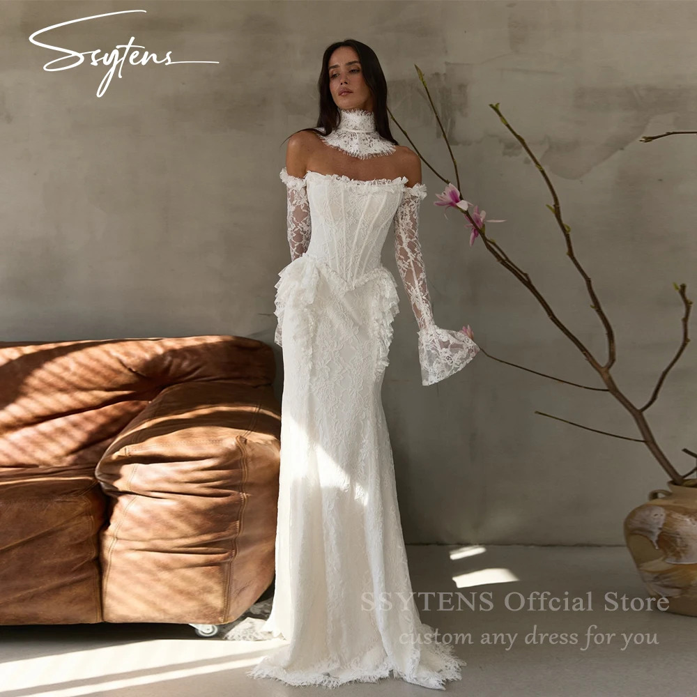 SSYTENS Custom Elegant White Lace Mermaid Wedding Dresses High Neck Ruched Bride Dresses Long Sleeve Corset Backless Bridal Gown