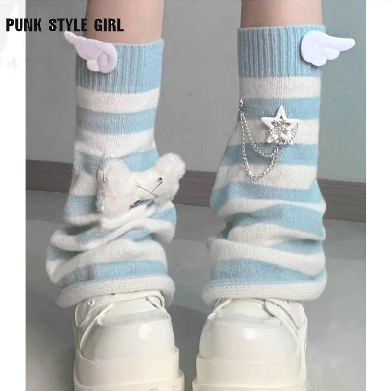 

2024 Women Gothic Lolita Striped Leg Warmer Harajuku Y2k Girls Punk Black Blue Wing Plush Bones Knitted Leg Cover Streetwear