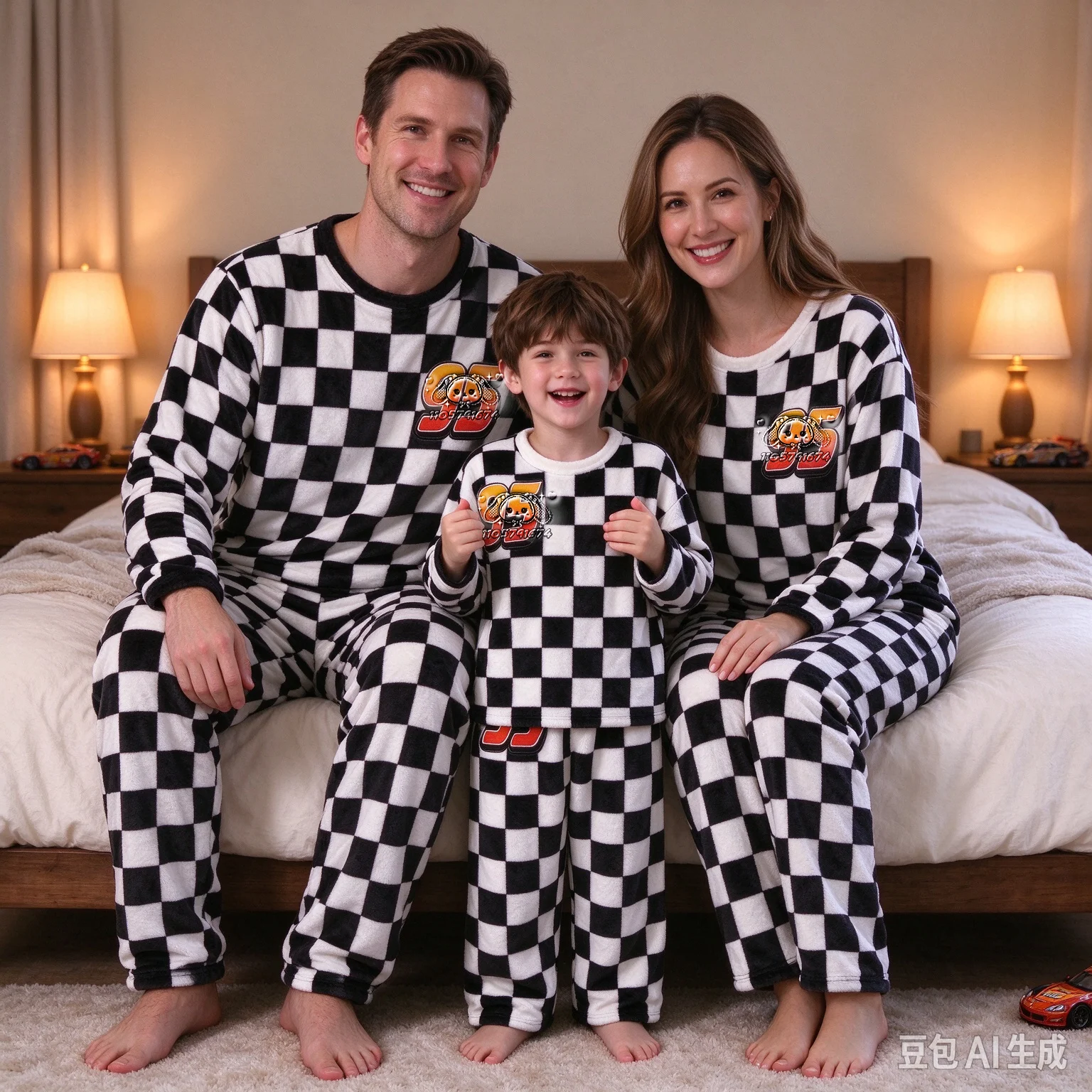 26/27 New Racing 95 Black White Checkered Cos Flannel Family Pajama Set Soft Warm Winter Unisex Loungewear FamilyMatching