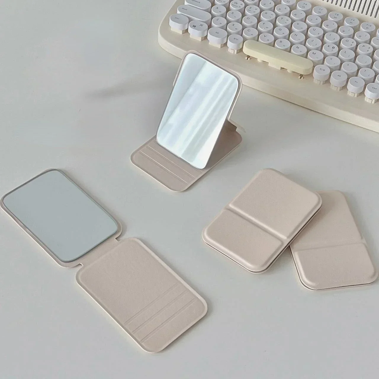 -Desktop Makeup Mirror Solid Color PU Leather Simple Portable Handheld Makeup Mirror Foldable Student Compact Cute Pocket Mirror