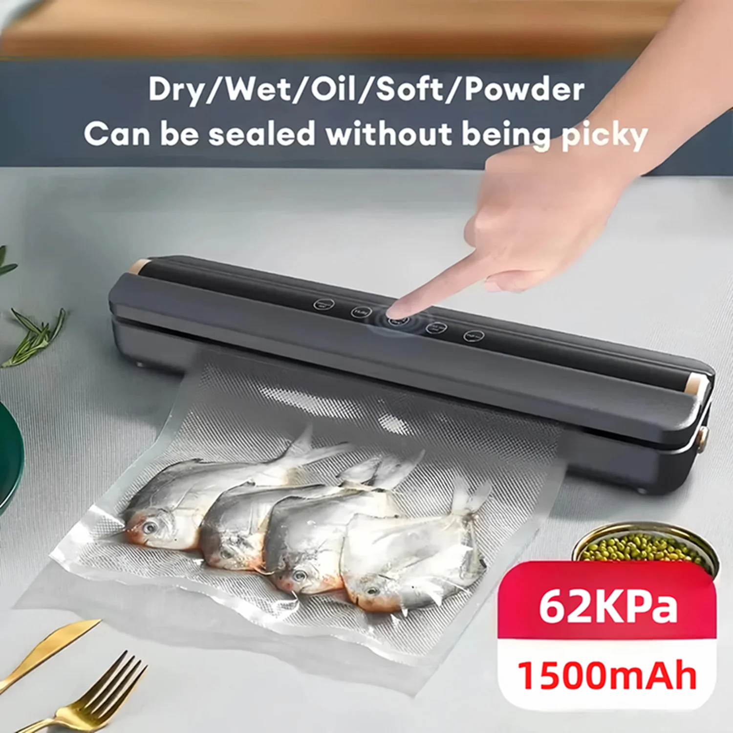 Wireless Charging Vacuum Food Sealer Machine 62KPa Mini Home Use Food Packaging Sealer Machine Plastic Seal Freshness Saving