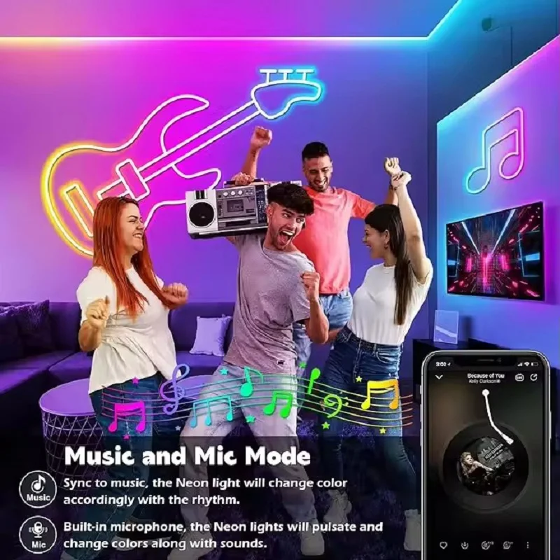 5V USB RGB Neonowa taśma LED Wodoodporna taśma neonowa LED Synchronizacja muzyki z pilotem aplikacji Bluetooth do oświetlenia wystroju domu
