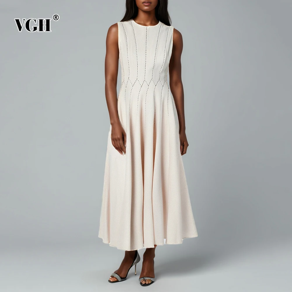 

VGH Elegant Slimming Solid Long Dresses For Women Round Neck Sleeveless High Waist Temperament Draped Dress Female Fashion New