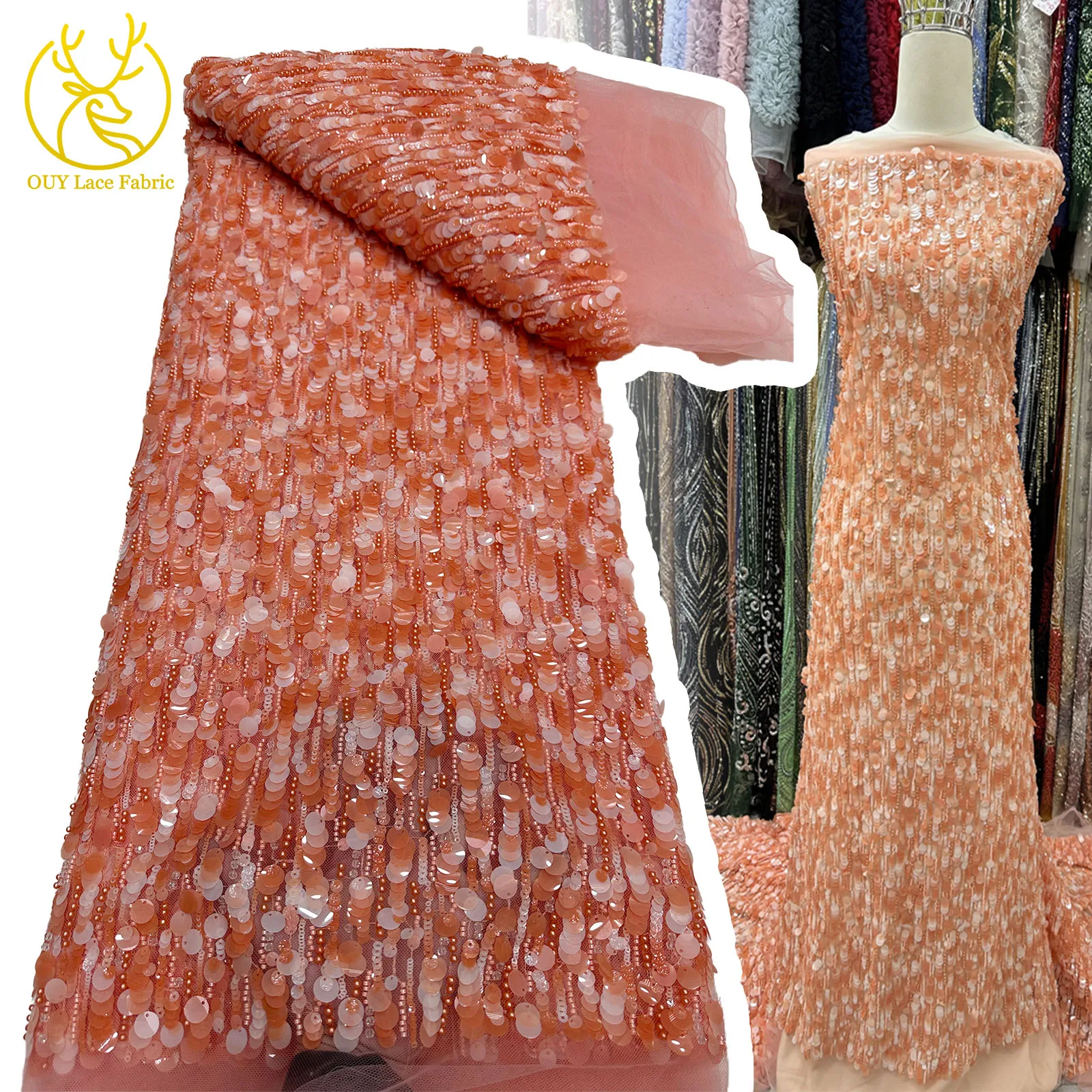 

Fashion African Beaded Lace Fabric 2025 High Quality Nigerian French Sequins Tulle Mesh Wedding Lace Fabric Party Dress Sewing