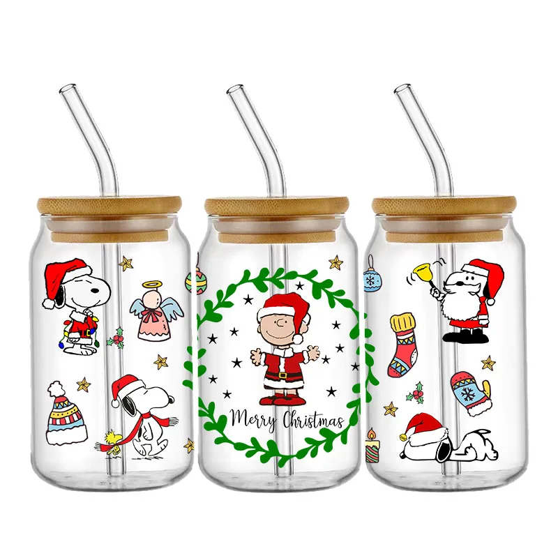 Christmas Day Snoopy 16OZ UV DTF Cup Wraps Transfer Sticker For Glass Libbey Can Bottle Selfadhesive Washable DIY Custom