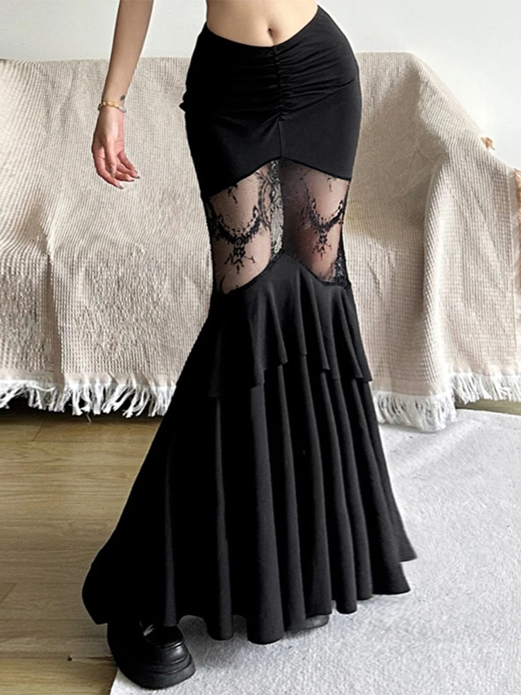 HOUZHOU Gothic Mermaid Trumpet Skirt for Women Darkwear Sexy Hollow Out High Waist Slim Fit Fishtail Half Skirt Female Patchwork