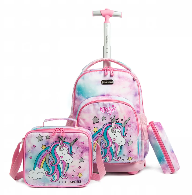 School Rolling Backpack Set para meninas, Lunch Bag, Trolley Bag, Laptop Bag, Mochila de rodas, Rodas