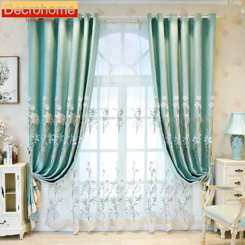 Pink Plant Relief Embroidered Window Screen Thickened Chenille Curtains for Living Room Bedroom French Window Balcony Window