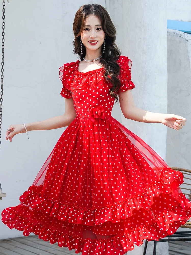 Red Polka Dot Dress Round Neck 2025 Summer New Collection Waist Cinching Temperament Slimming High-end Exquisite Retro Dress