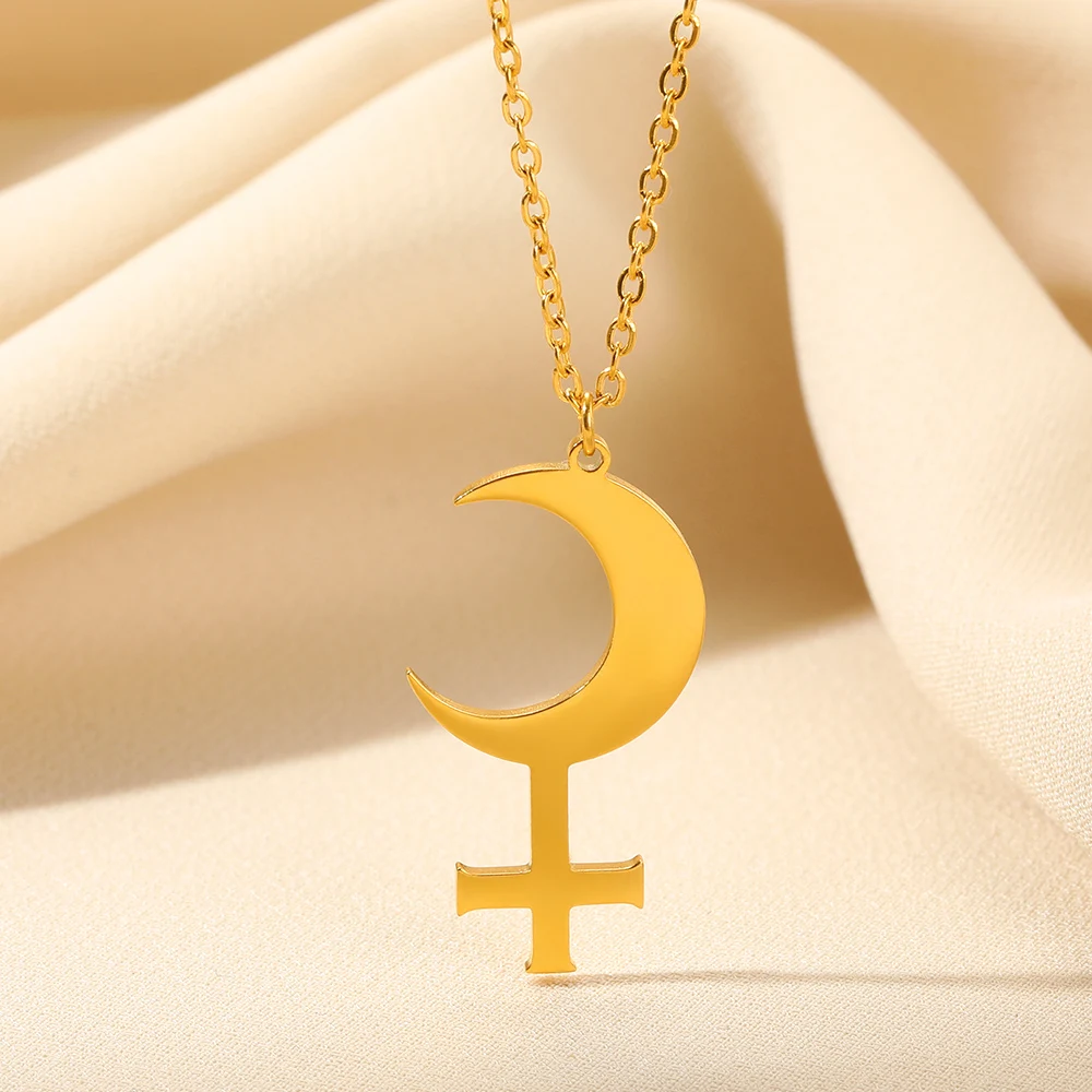 Gold Color Moon Cross Lilith Symbol Pendants Necklace For Women Stainless Steel Charms Astrological Symbol Sign Amulet Jewelry